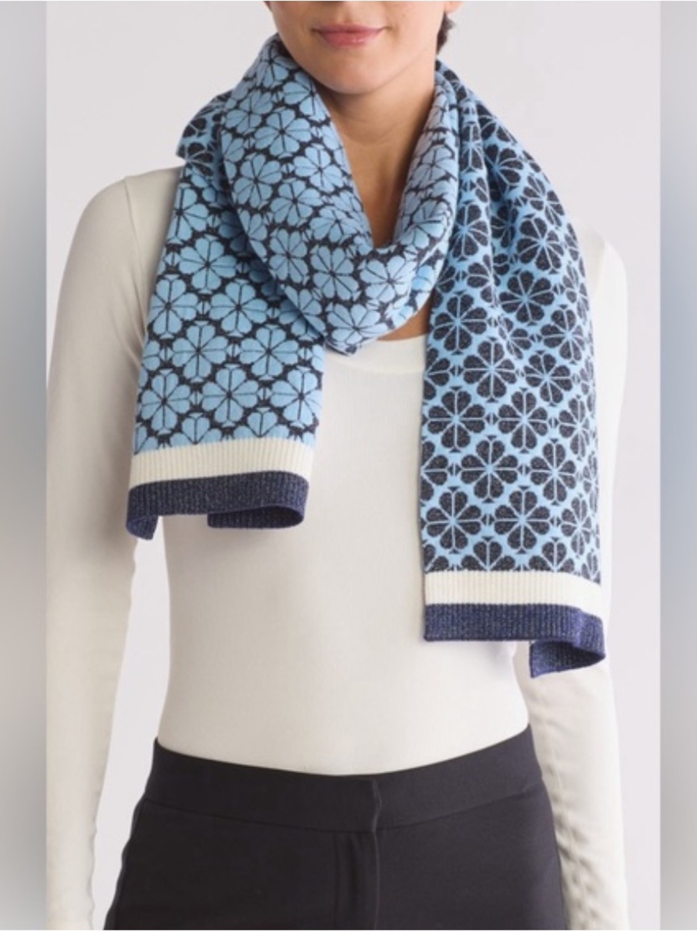 Kate Spade Flower Stripe Knit Scarf in French Navy
